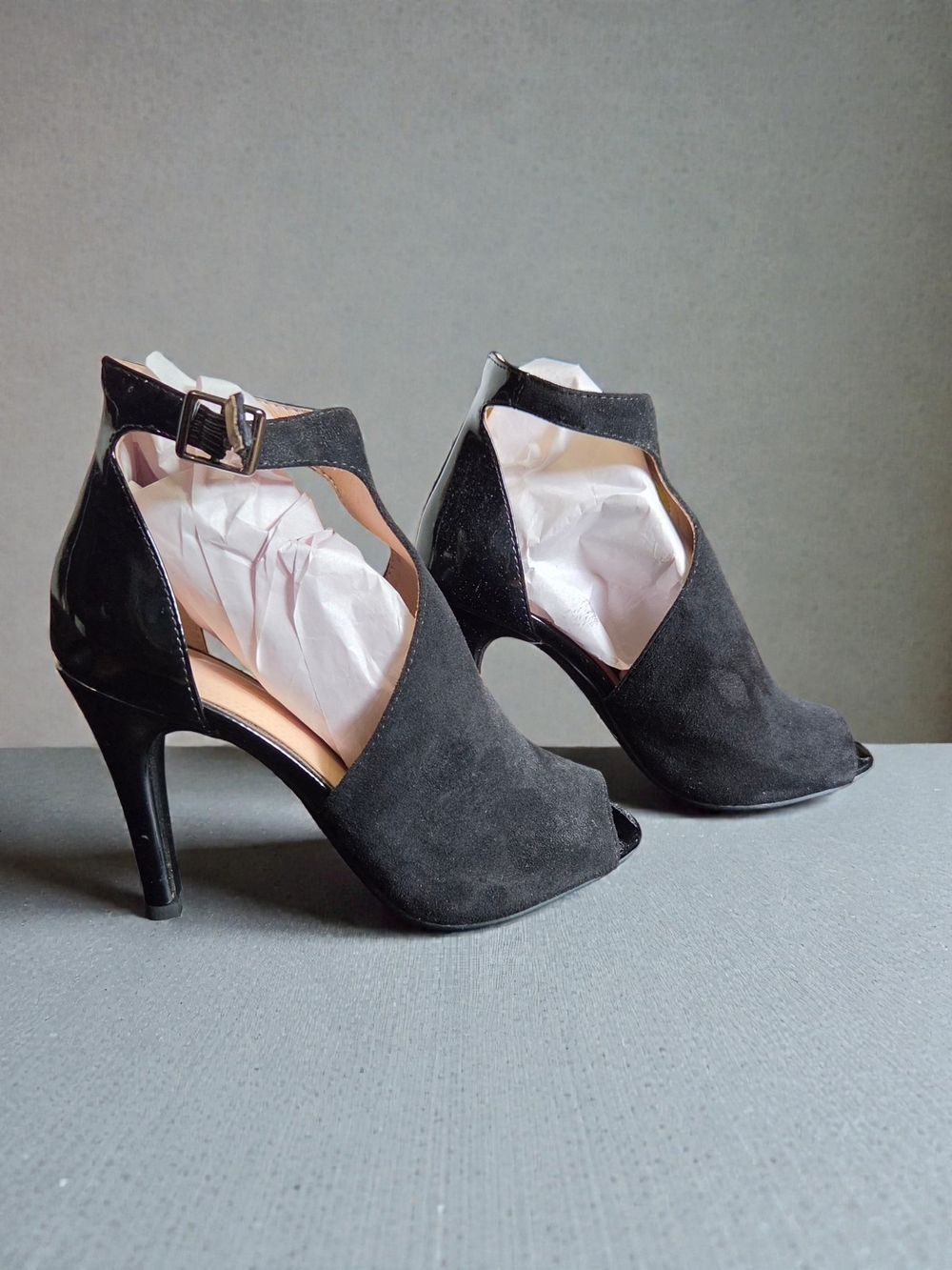 Women's Black Suede Peep-Toe High Heel Sandal with Ankle Strap - Picture 2 of 4